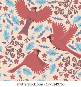 Seamless pattern with red cardinal birds. Vector graphics.