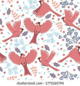 Seamless pattern with red cardinal birds. Vector graphics.