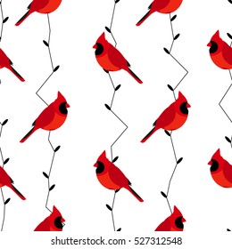 Seamless pattern with red cardinal and branches. Vector background.