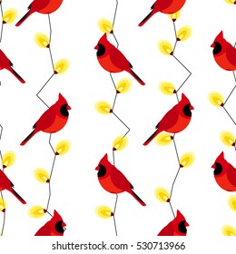 Seamless pattern with red cardinal and garland with lights. Vector background.
