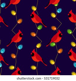 Seamless pattern with red cardinal and garland with color lights. Vector background.