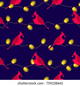 Seamless pattern with red cardinal and garland with yellow lights. Vector background.