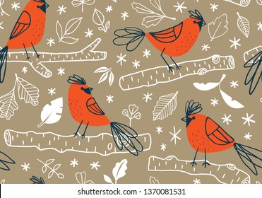 Seamless pattern of red cardinal on kraft paper for gift bag, gift wraps and holiday cards. Leaves, branches and snow.