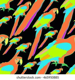 seamless pattern Red the Caribbean parrot sits on a black background vector illustration