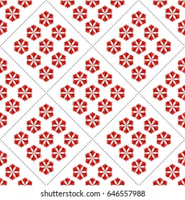 Seamless pattern of red carnation mosaic flowers and dotted garlands. Floral print on white background. Vector illustration