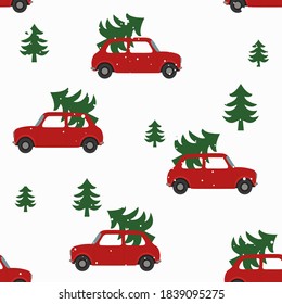 Seamless pattern with red cars and Christmas trees.