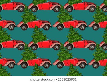 Padrão perfeito com carros vermelhos e árvores de Natal. Feliz Natal impressão para têxtil e papel. Vetor de Natal padrão sem emenda com carro vermelho com fundo de vetor árvore de Natal.