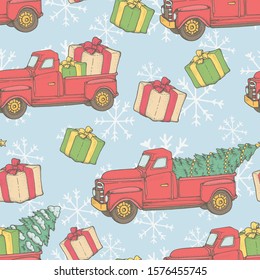 Seamless pattern with red cars, holiday trees and gifts