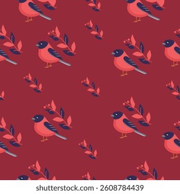Seamless pattern with red cartoon bullfinch-style birds on a burgundy background, decorated with dark leaves and berries.