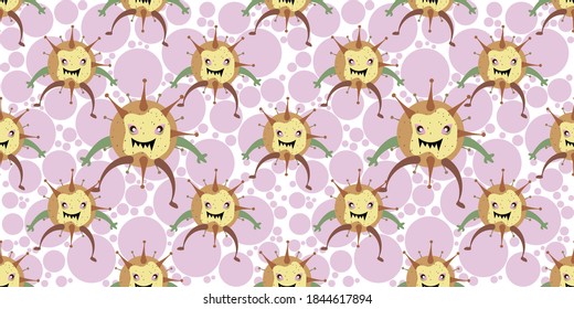
Seamless pattern of red cartoon germ in flat style design isolated on Colorful Random Scale Circles background.  Bacteriology concept design. Vector illustration EPS10.
