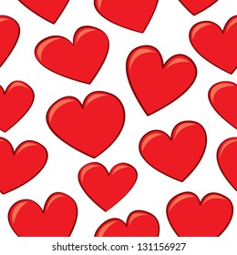 A seamless pattern of red cartoon hearts.