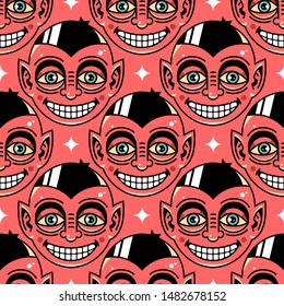 Seamless pattern of red, cartoon style monsters, vampires faces.