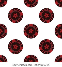 Seamless pattern with red casino chips featuring a stylized flower design, repeating on a clean white background
