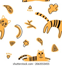 Seamless pattern with a red cat. Bright cartoon vector illustration of a fat cat sitting, dreaming. Background wallpaper. Hand-drawn.