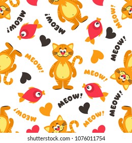 Seamless pattern with with a red cat, a pink fish, hearts and the inscription Meow. Vector illustration on a white background.