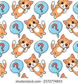 Seamless pattern Red cat with a question, thinking, for fabric, office, vector