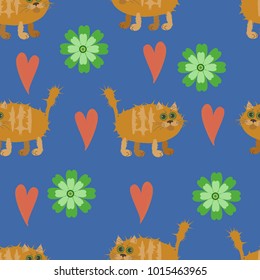 Seamless pattern of red cats, green flowers and red hearts on a blue background