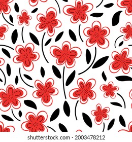  Patrón sin foco de flores de camomila roja sobre un fondo blanco.Patrón de primavera. Ilustración plana del vector