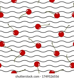 Patrón sin foco con cerezas rojas y líneas onduladas negras sobre fondo blanco. Ilustración rayada de fruta vectorial. Ilustración vectorial brillante de verano buena para imprimir. Ornamento alimentario