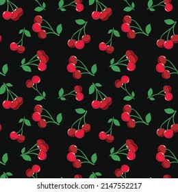 
Seamless pattern of red cherries. Black background with cherry. Ripe berries.