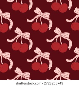 Padrão contínuo com cerejas vermelhas e arcos no fundo escuro Borgonha. Design romântico repetitivo para o Dia dos Namorados, têxtil, papel de parede, papel de embrulho, moda. Ilustração de vetor plano.