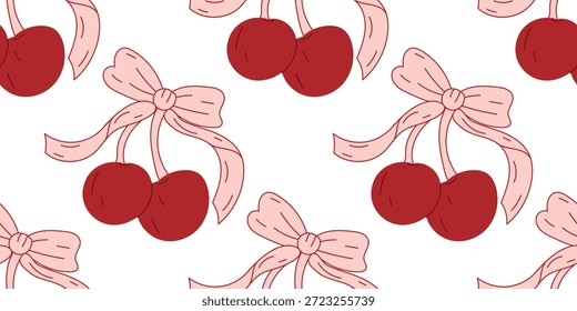 Patrón sin fisuras con cerezas rojas y lazos decorativos. Fondo repetitivo romántico para el día de San Valentín, papel de regalo, textil, Fondo de pantalla, moda, papelería. Ilustración vectorial plana.