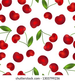 Seamless pattern. Red cherries with green leaves. Cherry orchard. Realistic vector illustration.  Can be used for wallpaper, textile, invitation card, wrapping, web page background.