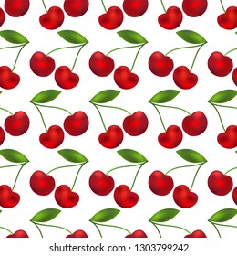 Seamless pattern. Red cherries with green leaves. Cherry orchard. Realistic vector illustration.  Can be used for wallpaper, textile, invitation card, wrapping, web page background.