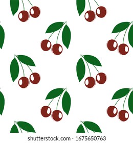 Seamless pattern, red cherries with green leaves. Suitable for tile, textile, holiday packaging, wallpaper