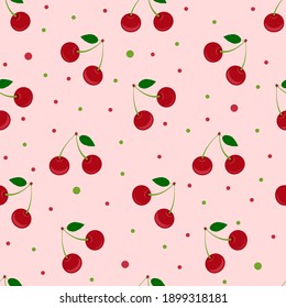 Seamless pattern with red cherries with a green leaf. Pink background with dots. Summer pattern with cherry berries. Vector illustration.