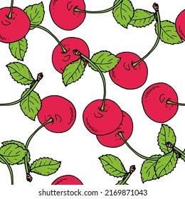 seamless pattern of red cherries with green leaves. Vector pattern of pink round cherry tree berries with leaves, drawn in sketch style, chaotically on white for a natural design template