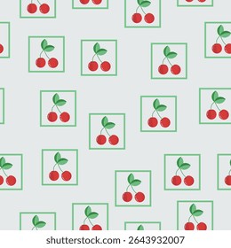 Naadloos patroon met rode kersen en groene bladeren in smaragdgroene vierkante frames op een lichtgrijze achtergrond. Geometrische platte tekenfilmstijl - ideaal voor stoffen, verpakkingen en papierwaren