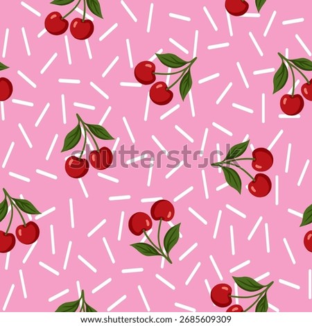 Seamless pattern with red cherries and green leaves on a pink background with white sprinkles. Cute and vibrant fruit design, perfect for summer themes, packaging, textiles, wallpapers, and digital