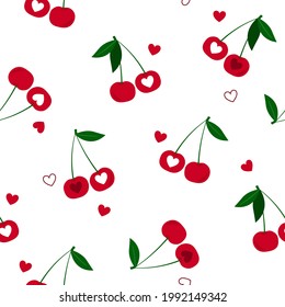 Seamless pattern with red cherries and hearts. Print, ornament for Valentine's Day. The concept of vitamins and the benefits of fruits and berries. Vector graphics.