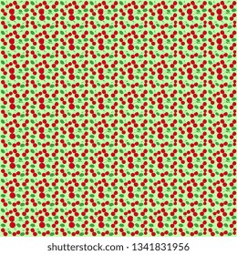  Vector seamless pattern of red cherries with leaves on a green background, artistic. Appetizing illustration of ripe summer berries for eating. Beautiful cover, wrapping and wrapping background.