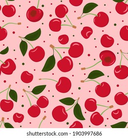 Seamless pattern with red cherries and leaves. Pink background with dots. Vector illustration.
