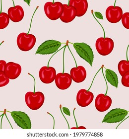 Patrón sin foco de cerezas rojas con hojas, dibujos a mano dibujos de frutos planos de cerezo ilustración vectorial.