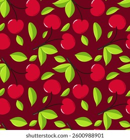 Seamless pattern of Red cherries with leaves.