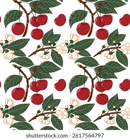Seamless Pattern of Red Cherries with Leaves and Blossoms Illustration. A repeating pattern featuring hand-drawn red cherries, lush green leaves, and delicate blossoms, showcasing a vibrant 