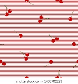 Seamless pattern with red cherries and lines on white background. Vector fruit striped illustration. Summer bright Vector illustration good for printing. Food ornament