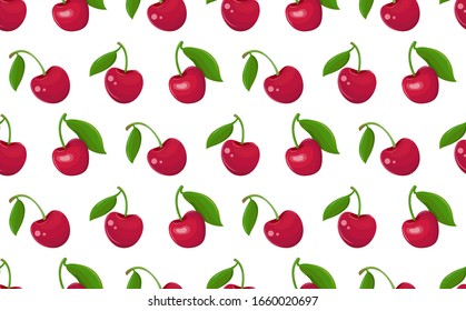 Seamless pattern of red cherries on a white background. Garden berry with a leaf on the stem. Sweet fruit cartoon. Berry background. Hand drawn vector illustration. Textile, wallpaper, wrapping paper