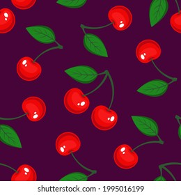 seamless pattern with red cherries on a dark purple background. plant ornament. ripe berries. vector illustration. textile print.
