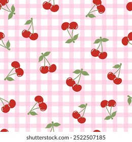 Seamless pattern with red cherries on gingham plaid background. Pattern in style of picnic. Editable vector illustration for wrapping paper, packaging, fabric, wallpaper, phone case etc. 