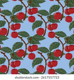 Seamless Pattern of Red Cherries on Blue Background with Green Leaves. A vibrant seamless pattern showcasing ripe red cherries and green leaves against a soft blue backdrop. The design exudes freshnes