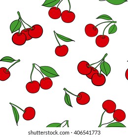 Seamless pattern with red cherries on a white background. Vector.