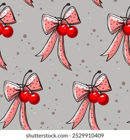 Seamless Pattern with Red Cherries and Pink Bows. Hand-Drawn Cherry and Bow Repeating Design