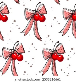 Seamless Pattern with Red Cherries and Pink Bows. Hand-Drawn Cherry and Bow Repeating Design