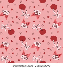 Seamless pattern with red cherries and pink flowers on soft pink background.
