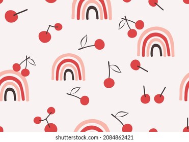 Patrón sin foco con cerezas rojas y arcos de lluvia en la ilustración del vector de fondo rosa.