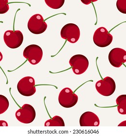 Seamless pattern with red cherries. Repeatable background with tasty cherries. Ripe berries at endless background. Food texture. Vector file is EPS8.